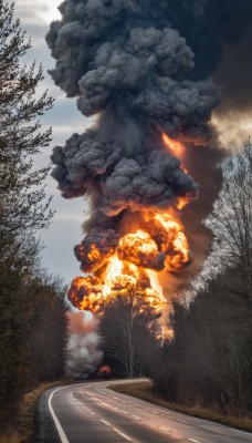 outdoors,sky,day,cloud,tree,no humans,cloudy sky,grass,fire,nature,scenery,forest,smoke,realistic,road,explosion,bare tree,burning,blue sky,ground vehicle,motor vehicle