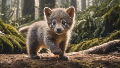 solo,looking at viewer,closed mouth,standing,full body,outdoors,day,signature,blurry,black eyes,tree,no humans,depth of field,blurry background,animal,cat,plant,nature,forest,realistic,animal focus,photo background