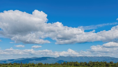 outdoors,sky,day,cloud,tree,blue sky,no humans,cloudy sky,grass,nature,scenery,forest,mountain,field,landscape,mountainous horizon,hill,cumulonimbus cloud,summer