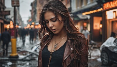 1girl,solo,long hair,breasts,brown hair,shirt,black hair,cleavage,jewelry,medium breasts,jacket,closed eyes,upper body,outdoors,parted lips,open clothes,solo focus,dark skin,necklace,blurry,open jacket,lips,black shirt,depth of field,blurry background,ground vehicle,motor vehicle,snow,pendant,brown jacket,realistic,car,road,leather,street,leather jacket,earrings,night,looking down,denim,building,freckles,city,bokeh