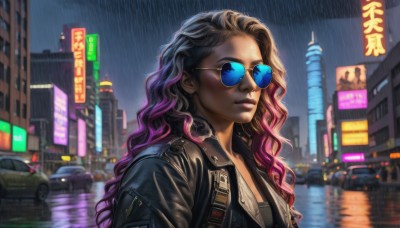 1girl,solo,long hair,looking at viewer,blue eyes,shirt,black hair,jacket,upper body,pink hair,purple hair,multicolored hair,outdoors,open clothes,glasses,dark skin,blurry,two-tone hair,open jacket,dark-skinned female,lips,black jacket,wet,gradient hair,night,wavy hair,sunglasses,ground vehicle,building,motor vehicle,reflection,rain,city,realistic,nose,car,leather,tinted eyewear,leather jacket,cyberpunk,aviator sunglasses,blue-tinted eyewear,brown hair,makeup,cityscape,skyscraper,neon lights