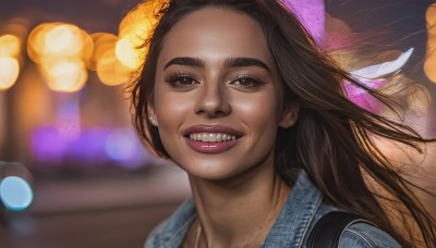 1girl,solo,long hair,looking at viewer,smile,open mouth,brown hair,brown eyes,jewelry,earrings,teeth,dark skin,necklace,grin,blurry,dark-skinned female,lips,depth of field,blurry background,piercing,thick eyebrows,portrait,forehead,realistic,nose,bokeh,black hair,bag,floating hair,backpack,denim,denim jacket