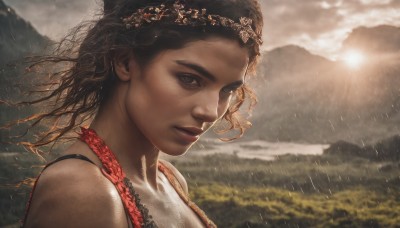 1girl,solo,long hair,looking at viewer,brown hair,black hair,bare shoulders,brown eyes,closed mouth,upper body,outdoors,sky,day,cloud,dark skin,blurry,from side,dark-skinned female,lips,floating hair,blurry background,sunlight,cloudy sky,wind,portrait,freckles,rain,mountain,realistic,nose,very dark skin,mountainous horizon,eyelashes,sun,head wreath,lightning