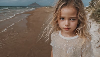 1girl,solo,long hair,looking at viewer,blue eyes,blonde hair,brown hair,shirt,closed mouth,white shirt,upper body,short sleeves,outdoors,sky,day,water,lips,wet,grey eyes,ocean,beach,t-shirt,wet clothes,freckles,realistic,sand,wet shirt,waves,shore,jewelry,earrings,wind,messy hair,snow,forehead