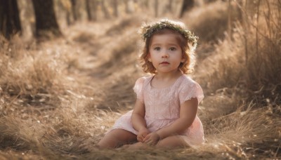 1girl,solo,looking at viewer,short hair,brown hair,dress,brown eyes,sitting,flower,short sleeves,outdoors,parted lips,white dress,blurry,lips,depth of field,blurry background,wariza,grass,child,nature,forest,realistic,female child,head wreath,hair ornament,water