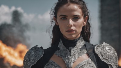 1girl,solo,long hair,looking at viewer,brown hair,brown eyes,closed mouth,upper body,outdoors,sky,cloud,armor,blurry,black eyes,lips,blurry background,fire,shoulder armor,messy hair,portrait,smoke,pauldrons,realistic,black hair,day,grey eyes,depth of field,expressionless,sunlight,cloudy sky,nose