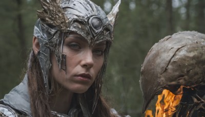 1girl,solo,long hair,looking at viewer,brown hair,closed mouth,outdoors,armor,blurry,lips,blurry background,bird,animal,helmet,shoulder armor,portrait,realistic,nose,owl,grey eyes,fire