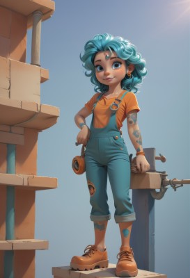 1girl,solo,looking at viewer,smile,short hair,blue eyes,shirt,jewelry,blue hair,standing,full body,short sleeves,earrings,shoes,dark skin,dark-skinned female,lips,aqua hair,tattoo,denim,child,freckles,curly hair,forehead mark,overalls,forehead jewel,holding,closed mouth,weapon,green hair,day,pants,medium hair,flat chest,bracelet,gun,blue background,brown footwear,sunlight,aged down,sneakers,bandaid,female child,stud earrings,orange shirt