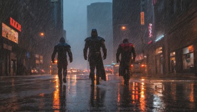 standing,jacket,male focus,outdoors,multiple boys,pants,hood,2boys,from behind,armor,black jacket,muscular,night,3boys,ground vehicle,building,motor vehicle,reflection,walking,science fiction,rain,4boys,city,sign,car,road,police,lamppost,street,cyberpunk,neon lights,sky,wet,helmet,scenery,hood up,running,realistic,superhero