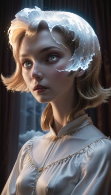 1girl,solo,breasts,looking at viewer,short hair,blue eyes,blonde hair,shirt,dress,jewelry,white shirt,upper body,small breasts,parted lips,artist name,medium hair,necklace,blurry,lips,grey eyes,eyelashes,makeup,blurry background,curtains,freckles,realistic,nose,red lips,earrings,blood,piercing,gem,portrait,flipped hair,forehead jewel