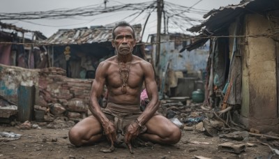 solo,looking at viewer,black hair,1boy,holding,jewelry,nipples,weapon,male focus,outdoors,necklace,blurry,muscular,facial hair,scar,bandages,abs,squatting,pectorals,muscular male,building,rope,beard,topless male,realistic,ruins,old,power lines,dirty,photo background,rubble,barbed wire,short hair,open mouth,navel,collarbone,full body,japanese clothes,teeth,day,artist name,black eyes,kneeling,tattoo,clenched teeth,scar on face,mustache,house,fundoshi,east asian architecture,old man,bodypaint