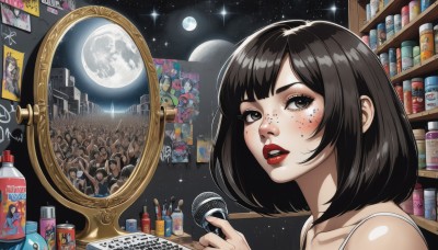 1girl,solo,looking at viewer,blush,short hair,bangs,black hair,holding,bare shoulders,brown eyes,collarbone,parted lips,sky,artist name,indoors,medium hair,black eyes,lips,makeup,night,moon,bob cut,bottle,lipstick,portrait,star (sky),night sky,microphone,full moon,eyeshadow,starry sky,freckles,reflection,mirror,bookshelf,red lips,spaghetti strap,holding microphone,shelf,poster (object),cosmetics,teeth,solo focus,mole,mole under eye,instrument,music,mascara,cameo,sticker,lipstick tube,voice actor