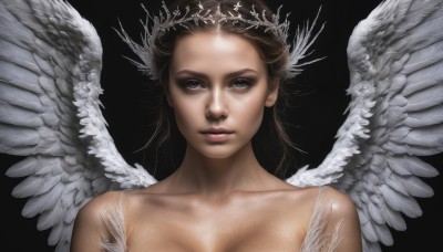 1girl,solo,long hair,breasts,looking at viewer,simple background,brown hair,bare shoulders,collarbone,upper body,nude,parted lips,wings,lips,grey eyes,halo,feathers,black background,portrait,feathered wings,angel wings,realistic,white wings,angel,cleavage,brown eyes,medium breasts