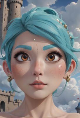 1girl,solo,looking at viewer,blush,short hair,hair ornament,bare shoulders,brown eyes,jewelry,blue hair,collarbone,earrings,outdoors,parted lips,sky,day,artist name,cloud,hair bun,blue sky,lips,orange eyes,eyelashes,aqua hair,makeup,single hair bun,cloudy sky,building,portrait,close-up,freckles,nose,castle,mascara,bangs,teeth,watermark,facial mark,thick eyebrows