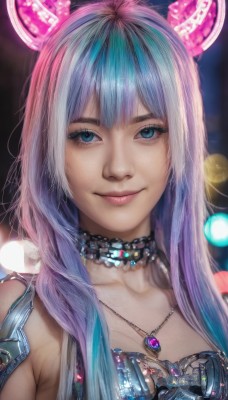 1girl,solo,long hair,breasts,looking at viewer,smile,bangs,blue eyes,animal ears,cleavage,bare shoulders,jewelry,closed mouth,blue hair,collarbone,upper body,pink hair,purple hair,multicolored hair,horns,choker,necklace,blurry,two-tone hair,lips,eyelashes,gradient hair,makeup,gem,portrait,realistic,nose