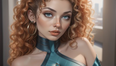 1girl,solo,long hair,looking at viewer,blue eyes,brown hair,bare shoulders,jewelry,collarbone,upper body,earrings,indoors,orange hair,blurry,lips,eyelashes,window,makeup,blurry background,wavy hair,portrait,freckles,curly hair,realistic,nose,thick lips,closed mouth,artist name,aqua eyes,web address,close-up,hoop earrings