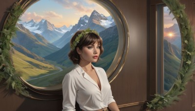 1girl,solo,breasts,short hair,bangs,brown hair,shirt,cleavage,brown eyes,medium breasts,collarbone,white shirt,upper body,small breasts,parted lips,sky,collared shirt,cloud,indoors,lips,window,dress shirt,looking away,plant,lipstick,scenery,sleeves rolled up,sunset,mountain,nose,sun,red lips,head wreath,partially unbuttoned,hair ornament,navel,flower,midriff,artist name,signature,sunlight,wreath