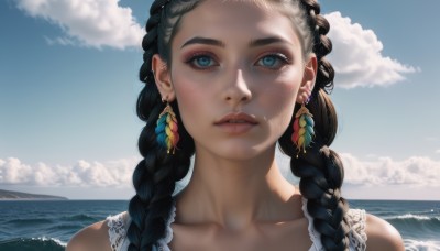 1girl,solo,long hair,looking at viewer,blue eyes,black hair,bare shoulders,twintails,jewelry,collarbone,upper body,braid,earrings,outdoors,parted lips,sky,teeth,sleeveless,day,cloud,water,twin braids,blue sky,lips,eyelashes,ocean,beach,piercing,cloudy sky,feathers,ear piercing,portrait,hair over shoulder,close-up,freckles,realistic,nose,horizon,mascara,multiple braids,makeup,sunlight,waves