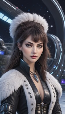 1girl,solo,long hair,breasts,looking at viewer,bangs,brown hair,hair ornament,cleavage,brown eyes,jewelry,medium breasts,closed mouth,green eyes,jacket,upper body,earrings,necklace,mole,lips,fur trim,makeup,corset,pendant,eyeshadow,science fiction,hoop earrings,realistic,nose,red lips,eyeliner,space,leather,small breasts,open clothes,artist name,coat,black jacket,thick eyebrows,lipstick,gem,freckles