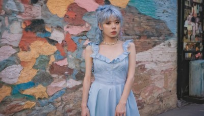 1girl,solo,breasts,looking at viewer,bangs,dress,bow,brown eyes,jewelry,standing,hair bow,grey hair,cowboy shot,earrings,frills,parted lips,sleeveless,necklace,white dress,mole,lips,makeup,sleeveless dress,blue dress,traditional media,mole on breast,realistic,arms at sides,red lips,pearl necklace,blue hair,teeth,medium hair,looking to the side,painting (medium)