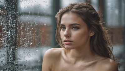 1girl,solo,long hair,blue eyes,brown hair,jewelry,collarbone,upper body,nude,earrings,parted lips,indoors,blurry,lips,wet,window,blurry background,piercing,ear piercing,portrait,freckles,rain,water drop,realistic,bare shoulders,water,grey eyes,makeup,looking away,nose,red lips,looking afar