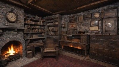 indoors,book,no humans,chair,table,bottle,fire,scenery,wooden floor,stairs,door,clock,bookshelf,brick wall,shelf,carpet,barrel,rug,cabinet,stove,fireplace,crate,weapon,sword,fantasy,wall,treasure chest,stone wall,wood,brick