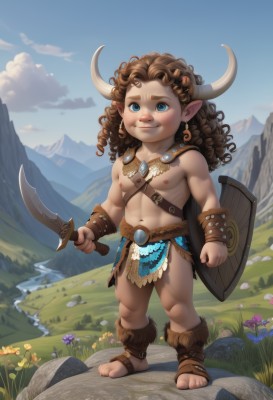 solo,long hair,smile,blue eyes,brown hair,1boy,navel,holding,jewelry,nipples,standing,full body,weapon,flower,male focus,earrings,outdoors,horns,sky,day,pointy ears,sword,cloud,water,holding weapon,blue sky,muscular,thick eyebrows,grass,knife,pectorals,curly hair,topless male,shield,rock,mountain,fantasy,male child,loincloth,river,mountainous horizon,holding shield,cliff,blush,barefoot,belt,artist name,stomach,cape,lips,toes,holding sword,abs,muscular male,bara,toned,plump,realistic,nose,dagger,belly,bare pectorals