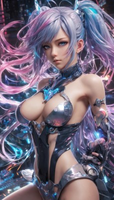 1girl,solo,long hair,breasts,looking at viewer,bangs,blue eyes,large breasts,hair ornament,gloves,cleavage,bare shoulders,twintails,jewelry,medium breasts,blue hair,pink hair,grey hair,multicolored hair,cowboy shot,parted lips,elbow gloves,shiny,two-tone hair,leotard,lips,clothing cutout,bodysuit,covered navel,floating hair,science fiction,realistic,closed mouth,weapon,purple hair,sidelocks,earrings,black gloves,fingerless gloves,streaked hair,fingernails,gun,watermark,expressionless,revealing clothes,black leotard,cyborg,cyberpunk