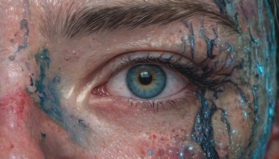 1girl,solo,looking at viewer,open mouth,brown hair,brown eyes,yellow eyes,water,blurry,lips,eyelashes,close-up,reflection,realistic,eye focus,1boy,green eyes,male focus,blood,portrait,freckles