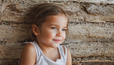 1girl,solo,looking at viewer,smile,short hair,blue eyes,brown hair,dress,bare shoulders,closed mouth,upper body,sleeveless,white dress,lips,child,realistic,female child,wall,brick wall,long hair,brown eyes,tank top,portrait