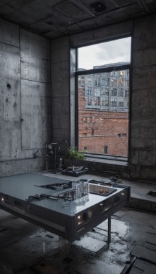 outdoors,sky,day,cloud,indoors,no humans,window,chair,table,plant,building,scenery,city,cityscape,wall,ruins,sink,science fiction,cable