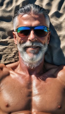 solo,looking at viewer,smile,short hair,1boy,nipples,collarbone,upper body,white hair,grey hair,male focus,nude,teeth,shiny,shiny skin,muscular,facial hair,scar,abs,sunglasses,pectorals,muscular male,bara,beard,scar on face,large pectorals,topless male,mature male,realistic,mustache,scar across eye,manly,old,hair slicked back,chest hair,old man,wrinkled skin,pectoral focus,lying,on back,shadow,portrait,facing viewer,close-up