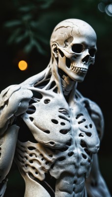 solo,looking at viewer,1boy,upper body,male focus,teeth,blurry,no humans,muscular,blurry background,colored skin,abs,veins,skull,bald,ribs,skeleton,hand up,black background