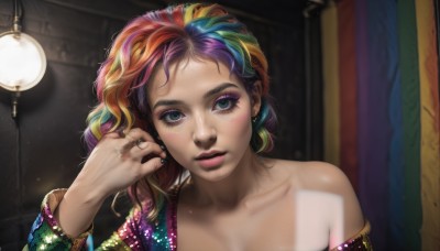 1girl,solo,long hair,looking at viewer,blush,blue eyes,bare shoulders,jewelry,green eyes,collarbone,upper body,purple hair,multicolored hair,earrings,parted lips,green hair,indoors,hand up,off shoulder,nail polish,blurry,bracelet,two-tone hair,lips,streaked hair,eyelashes,makeup,depth of field,watermark,piercing,ring,lipstick,web address,multicolored clothes,eyeshadow,personification,freckles,curly hair,mirror,realistic,nose,light,lamp,eyeliner,mascara,rainbow hair,blue hair,pink hair,portrait