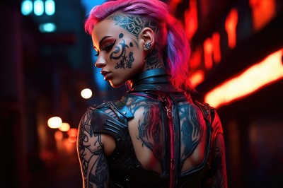 1girl,solo,long hair,jewelry,closed mouth,upper body,ponytail,pink hair,earrings,looking back,from behind,blurry,lips,clothing cutout,tattoo,profile,makeup,blurry background,back,piercing,ear piercing,realistic,nose,arm tattoo,undercut,facial tattoo,mohawk,cyberpunk,neck tattoo,back tattoo,nose piercing,neon lights,short hair,closed eyes,eyeshadow,facepaint