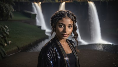 1girl,solo,breasts,looking at viewer,smile,brown hair,shirt,black hair,brown eyes,jewelry,jacket,upper body,earrings,outdoors,open clothes,dark skin,water,blurry,open jacket,dark-skinned female,lips,black jacket,black shirt,makeup,blurry background,forehead,realistic,nose,leather,waterfall,very dark skin,leather jacket,long hair,short hair,depth of field,curly hair,dreadlocks,fountain