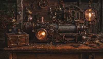 indoors,book,no humans,chain,table,scenery,wooden floor,clock,bookshelf,gears,barrel,industrial pipe,steampunk,telescope,weapon,gun,plant,robot,science fiction,realistic,light,lamp,candle,still life,light bulb,candlestand