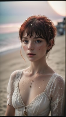 1girl,solo,breasts,looking at viewer,short hair,blue eyes,brown hair,dress,cleavage,jewelry,collarbone,upper body,short sleeves,earrings,small breasts,outdoors,parted lips,day,artist name,water,necklace,white dress,mole,blurry,lips,wet,see-through,depth of field,blurry background,ocean,beach,letterboxed,messy hair,freckles,realistic,nose,sand,body freckles,bangs,medium breasts,teeth,eyelashes,gem,backlighting