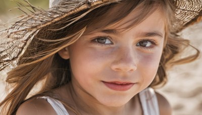 1girl,solo,long hair,looking at viewer,smile,bangs,brown hair,hat,bare shoulders,brown eyes,closed mouth,sleeveless,blurry,lips,blurry background,portrait,close-up,freckles,sun hat,realistic,nose,straw hat,eyelashes,light smile