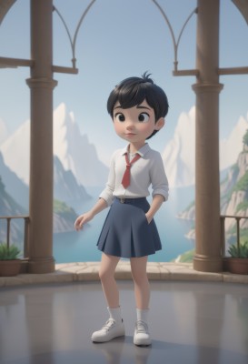 1girl,solo,smile,short hair,bangs,skirt,brown hair,shirt,black hair,brown eyes,closed mouth,school uniform,standing,full body,white shirt,pleated skirt,outdoors,necktie,sky,shoes,day,socks,collared shirt,belt,water,black eyes,blue sky,blue skirt,white footwear,white socks,red necktie,sneakers,child,sleeves rolled up,reflection,hand in pocket,female child,shirt tucked in,pillar,lake,column,looking at viewer,blush,1boy,male focus,male child