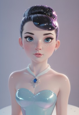 1girl,solo,breasts,looking at viewer,short hair,blue eyes,black hair,hair ornament,dress,cleavage,bare shoulders,jewelry,collarbone,upper body,earrings,small breasts,parted lips,necklace,hair bun,lips,eyelashes,strapless,makeup,blue dress,single hair bun,tiara,gem,strapless dress,eyeshadow,freckles,bangs,medium breasts,shiny,swept bangs,brooch,nose