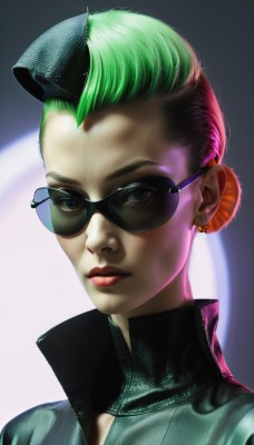 1girl,solo,looking at viewer,short hair,hat,jewelry,green eyes,pink hair,multicolored hair,earrings,green hair,two-tone hair,lips,bodysuit,makeup,sunglasses,lipstick,portrait,realistic,nose,stud earrings,undercut,blue eyes,jacket,upper body,eyelashes,piercing,backlighting,high collar