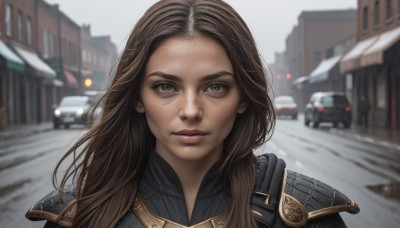 1girl,solo,long hair,looking at viewer,brown hair,brown eyes,closed mouth,outdoors,day,armor,mole,blurry,lips,mole under eye,depth of field,blurry background,ground vehicle,shoulder armor,building,portrait,motor vehicle,freckles,pauldrons,realistic,car,road,street,artist name,makeup,wind,close-up,dirty