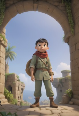 solo,looking at viewer,shirt,black hair,1boy,brown eyes,standing,full body,male focus,boots,outdoors,sky,day,belt,pants,cloud,bag,scarf,black eyes,tree,blue sky,brown footwear,plant,building,child,walking,red scarf,pouch,palm tree,basket,potted plant,male child,ruins,green pants,short hair,hat,backpack,overgrown