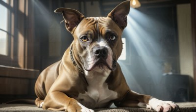 HQ,looking at viewer,indoors,blurry,collar,no humans,window,blurry background,animal,sunlight,reflection,dog,mirror,realistic,animal focus,solo,brown eyes,yellow eyes,lying,day,on stomach,spikes,light rays,spiked collar,animal collar