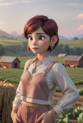 1girl,solo,blush,short hair,bangs,brown hair,shirt,long sleeves,brown eyes,jewelry,closed mouth,standing,white shirt,cowboy shot,earrings,small breasts,outdoors,sky,day,midriff,collared shirt,pants,necklace,blurry,lips,depth of field,blurry background,grass,plant,wing collar,brooch,building,pendant,freckles,hands on hips,nose,overalls,house,breasts,smile,red hair,artist name,buttons,leaf,sunset,realistic,brown pants