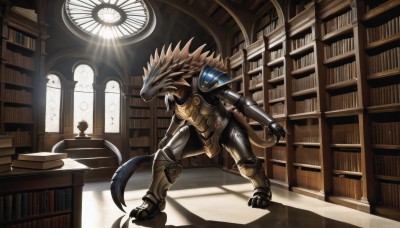 solo,red eyes,1boy,standing,tail,indoors,armor,book,no humans,window,sunlight,sharp teeth,shoulder armor,claws,light rays,bookshelf,full armor,library,male focus,horns,teeth,gauntlets,furry,dragon,book stack