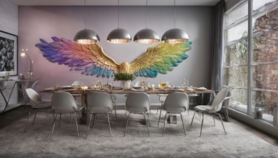 food,wings,indoors,cup,no humans,window,chair,table,bottle,plant,scenery,couch,plate,teacup,wooden floor,light,lamp,candle,teapot,wall,vase,painting (object),carpet,candlestand,ceiling light,chandelier,tablecloth,fireplace,wooden chair,flower,tree,bird,tiles,potted plant,tile floor,brick wall,shelf,picture frame,rug