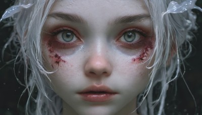 1girl,solo,long hair,looking at viewer,green eyes,white hair,parted lips,blurry,lips,grey eyes,eyelashes,blood,scar,portrait,close-up,freckles,realistic,red lips,straight-on,eye focus,short hair,bangs,closed mouth,injury,blood on face,nose,cuts