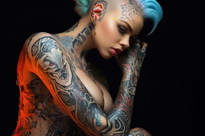 1girl,solo,breasts,looking at viewer,short hair,simple background,red eyes,jewelry,medium breasts,blue hair,upper body,nude,earrings,lips,tattoo,makeup,piercing,lipstick,black background,ear piercing,eyeshadow,realistic,nose,red lips,eyeliner,arm tattoo,undercut,mascara,neck tattoo,back tattoo,full-body tattoo,from side,cyborg,mohawk,cyberpunk